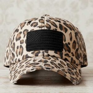 Ladies Leopard Distressed American Flag Hat - Animal Print Baseball Cap